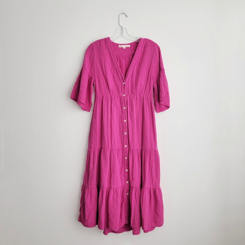 XiRENA Vibrant Pink Gauze Tiered Midi Dress
